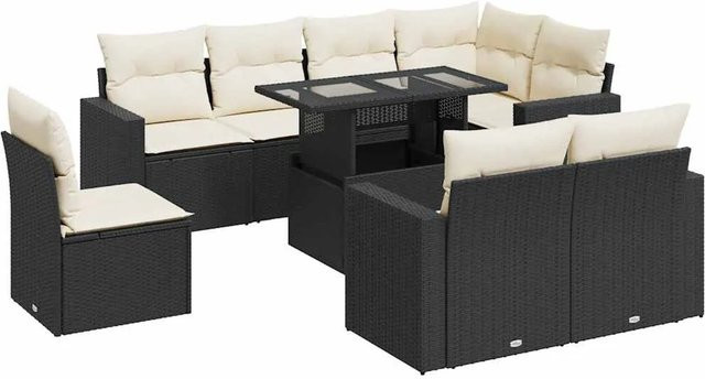 vidaXL 9-teilige Garten-Sofagarnitur in L-Form aus Poly-Rattan in Schwarz mit Kissen und Armlehnen - Bild 1