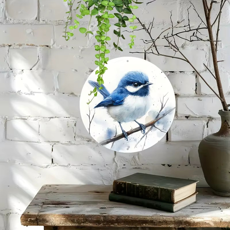 Potdemiel Blue Wren Bird Aluminium-Wandschild, rundes Metalldekor in Blau, Durchmesser: 20,32 cm - Bild 3