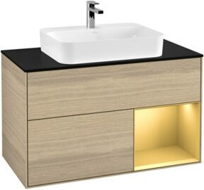 V&B Waschtischunterschrank Finion 100 Wandbeleuchtung mit LED-Beleuchtung und Regalfächern in Plattenblau und Regalgold/Ozeanblau - Bild 1