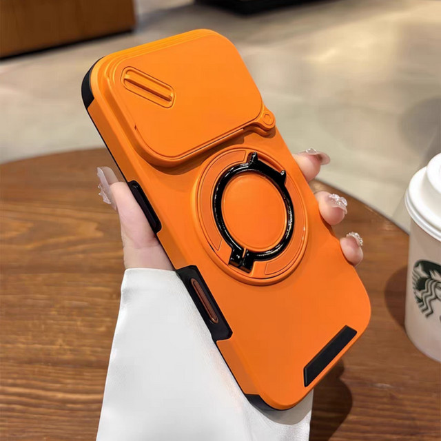 MagSafe Magnetische iPhone Schutzhülle mit drehbarer Halterung und Metallring für kabelloses Laden in Blau und Orange - Bild 1