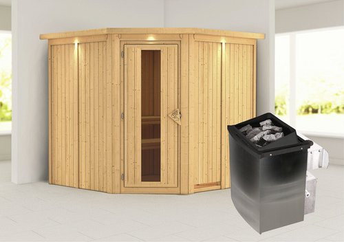 Karibu Sauna Vöru aus Fichtenholz mit 9 kW Saunaofen und integrierter Steuerung für 4 Personen, Farbe: Beige/Braun, B/T/H: 210 x 202 x 210 cm - Bild 1