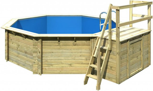 Karibu Achteck Aufstellpool Modell 2 aus Massivholz Fichte in Blau und Grau inklusive Poolfolie, Schutzvlies und Einhängeleiter, B/T: 420 x 420 cm - Bild 3