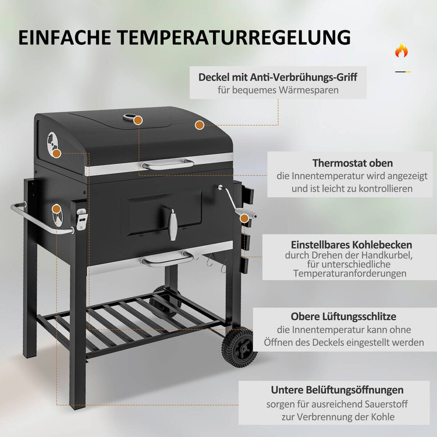 Outsunny Holzkohlegrill BBQ Standgrill aus Edelstahl in Schwarz, B/T/H: 65 x 113 x 108 cm - Bild 4