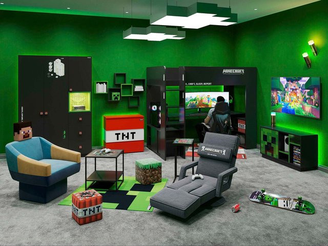 PHOENIX Minecraft Kleiderschrank für Kinderzimmer in Grau und Schwarz, B/H/T: 135 x 200 x 50 cm - Bild 1