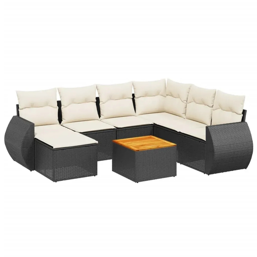 vidaXL 8-teilige Garten-Sofagarnitur in L-Form aus Poly-Rattan und Akazienholz mit Kissen in Schwarz-Creme - Bild 2