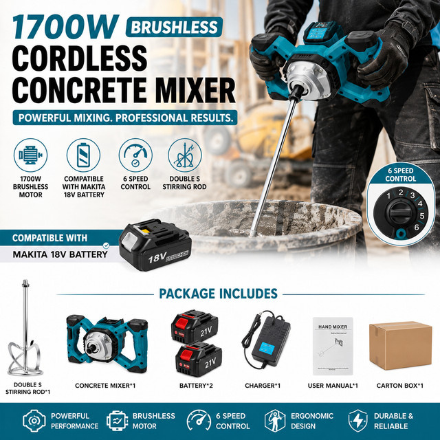 Avehrit Bürstenloser Akku-Betonmischer 1700W kompatibel mit Makita 18V Akku mit 6-Gang-Elektrozementmischer für Mörtel, Gips und Fliesenkleber - Bild 1
