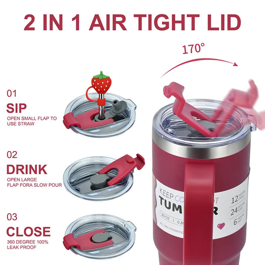 WATERSY Isolierter Edelstahl Becher mit Griff und Strohhalm in Pink, Vakuum-Reisebecher aus Edelstahl 304 für Sport und Auto - Bild 2