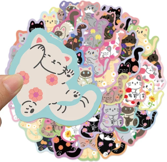 50 Stück Bunte Cartoon-Katzen-Aufkleber aus wasserfestem Vinyl für Wasserflaschen und Laptops in Multicolour - Bild 1