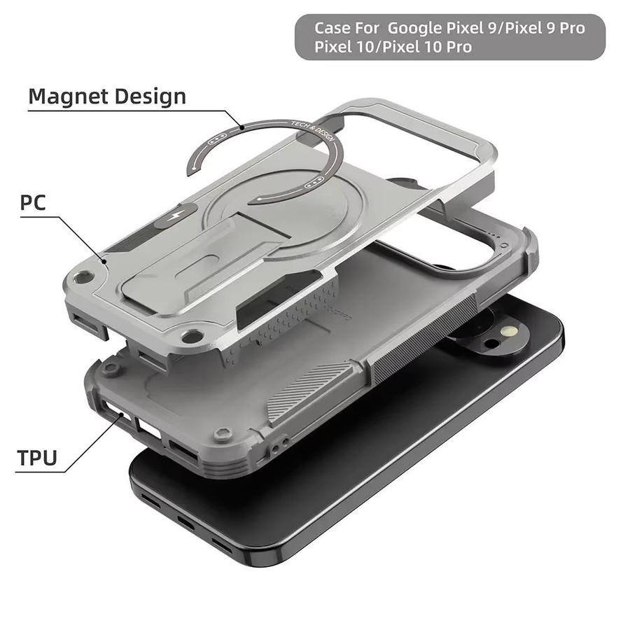 Military Armor Anti-Drop Handyhülle mit magnetischem Ständer für Google Pixel 10 Pro XL und Pixel 9 Pro XL, MagSafe Wireless Charging kompatibel, Grau - Bild 4