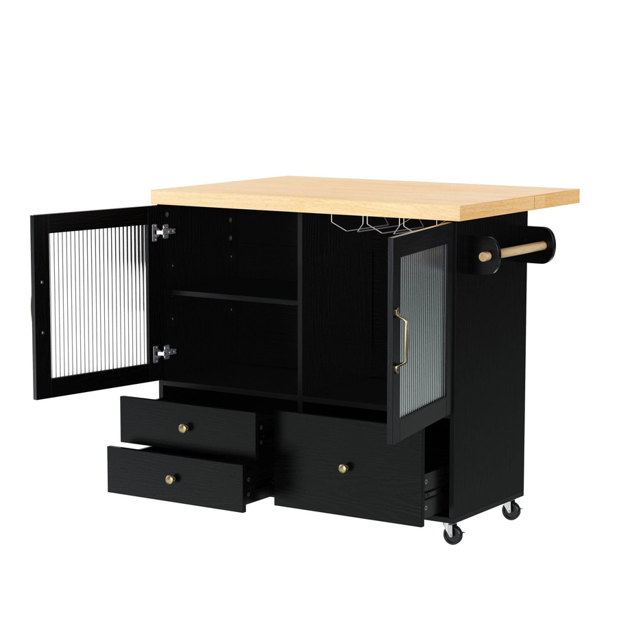 okwish Kücheninsel mit Rollen und ausziehbarem Esstisch in Schwarz, skandinavisches Design mit Weinglashalter, B/T/H: 100 x 42 x 70-91 cm - Bild 2