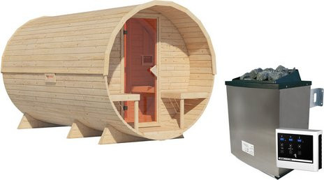 KARIBU Fasssauna Lauvas 3 in Braun mit 9kW Ofen und externer Steuerung, B/T/H: 389 x 224 x 229 cm - Bild 1
