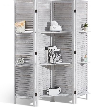 VEVOR Raumteiler aus Paulownia-Holz mit 4 Paneelen, weißer Faltbarer Sichtschutz mit Lamellen für Zuhause und Büro, Höhe: 170 cm, Breite: 122 cm, Tiefe: 32 cm - Bild 1
