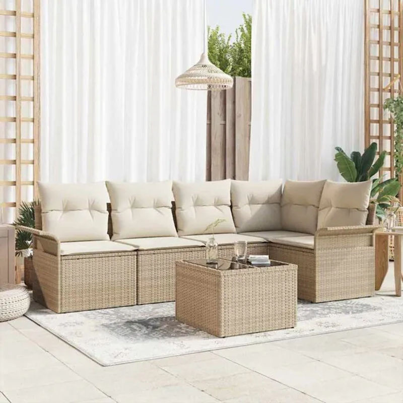 vidaxl Garten-Sofa-Set aus Poly-Rattan mit Kissen und integriertem Stauraum, 6-teilig, Beige - Bild 1