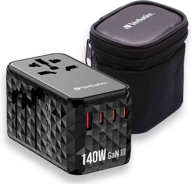 Verbatim UTA-10 GaN III Universal-Reiseadapter 140W in Schwarz mit 1x USB-A und 3x USB-C für Schnellladung - Bild 1