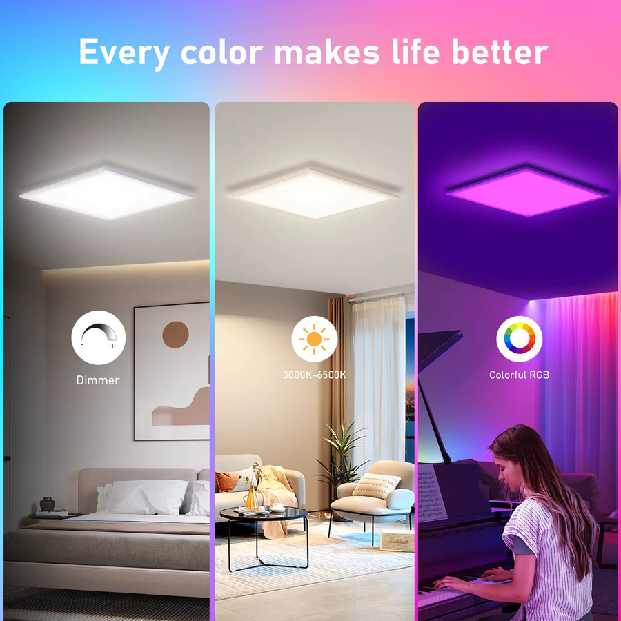 Oraymin RGB-LED-Deckenpaneel in Weiß, quadratisches dimmbares Licht mit Fernbedienung, 28 W, 3100 lm, B/B/H: 45 x 45 x 1 cm, Multicolour für Küche, Büro und Flur - Bild 3