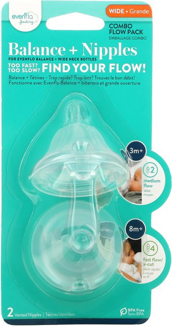 Evenflo Feeding Balance + Sauger Combo Flow Pack in Blau mit breiter Brustform und mittlerem Durchfluss für Babys ab 3 Monaten - Bild 1