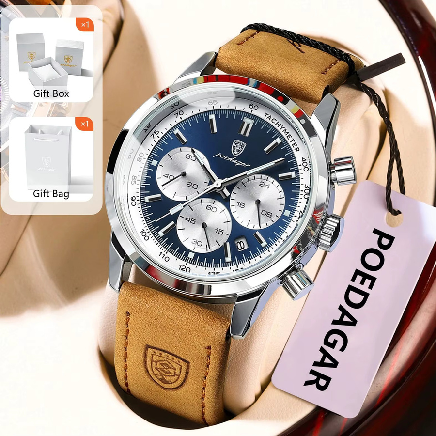 POEDAGAR Armbanduhr Chronograph, Quarz, Leder, Blau, Herren - Bild 2