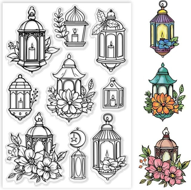 Transparenter Gummistempel mit Vintage-Motiven von Kerzenlampe, Blumen, Mond und Sternen für die Kartenherstellung, Farbe: Transparent - Bild 1