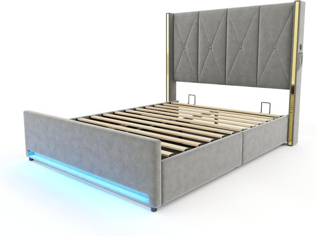 GOMYWAY Home Veloursbett mit gepolstertem Kopfteil und USB-Ladeport in Dunkelgrau, B/T/H: 100 x 213 x 141 cm - Bild 1