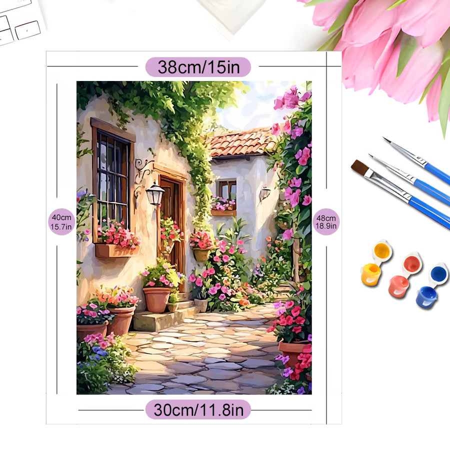EverShine DIY-Ölgemälde nach Zahlen für Erwachsene mit Straßenlandschaft und Blumen auf Leinwand, Mehrfarbig - Bild 2