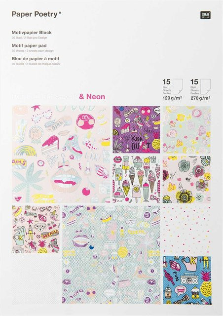 Rico Design Paper Poetry Motivpapier Block in Neon Multicolor mit Hot Foil, 30 Blatt, B: 21 cm, H: 30 cm - Bild 1