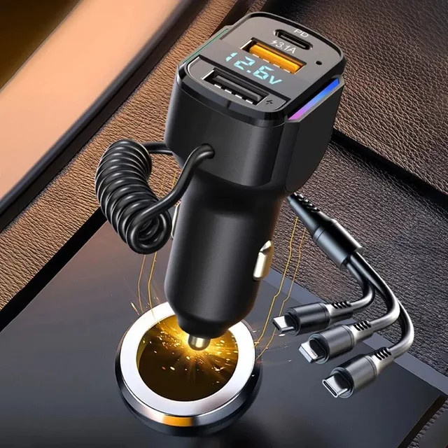 3-in-1 65W Schnelllade Auto Ladegerät mit PD Dual USB Ports in Schwarz für DC12V-24V - Bild 1