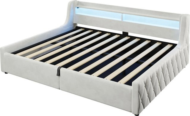 Merax Samtbett mit Hydraulik-Stauraum und LED-Beleuchtung in Beige, B/T/H: 140 x 200 x 155 cm - Bild 1