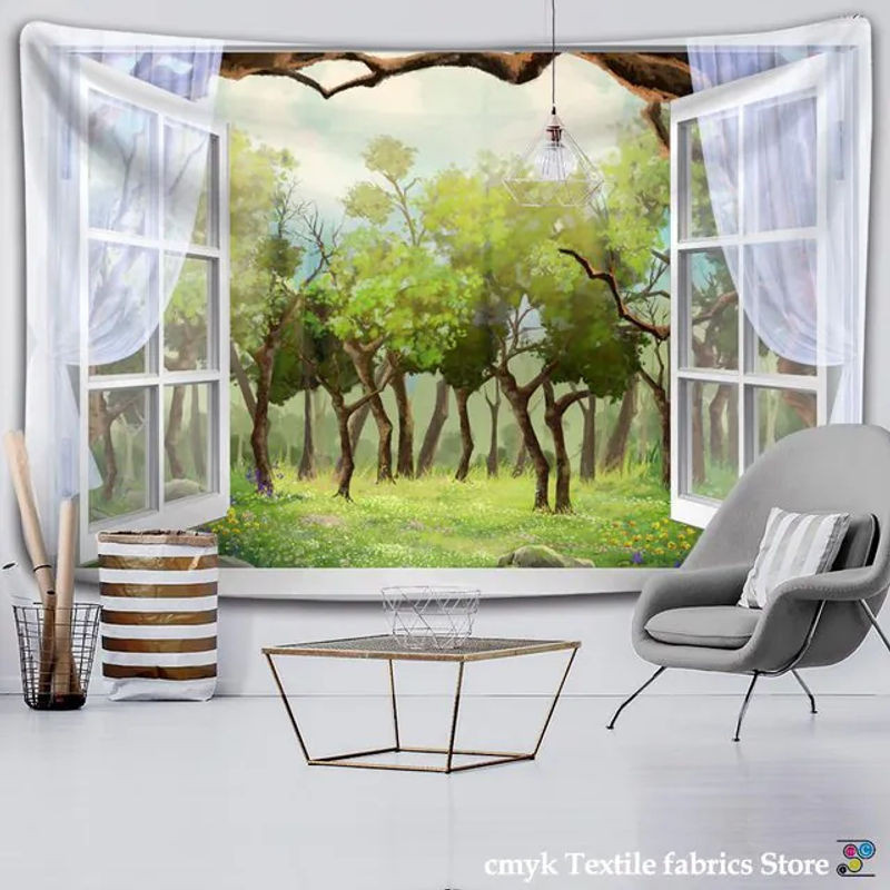 Binchi Outdoor Equipment Wandbehang mit Waldlandschaft und grünen Pflanzen im Bohemian-Stil, Textil, B: 95 cm, H: 70 cm - Bild 1