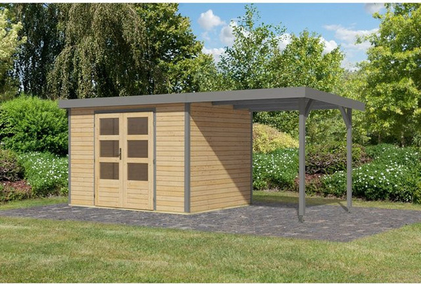 Karibu Gartenhaus Ernesto mit Anbaudach in Natur/Grau, B/T/H: 209 x 298 x 213 cm