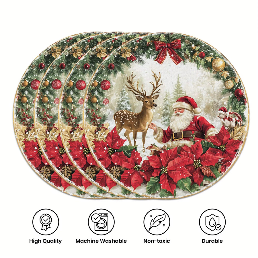 VIKAMA 4er-Set Weihnachtsmann und Rentier Tischsets, rund, mehrfarbig - Bild 3