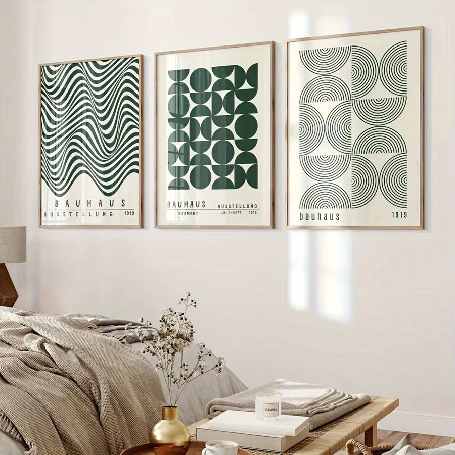 3er-Set Bauhaus Wandkunst mit grünen geometrischen Motiven - Bild 3