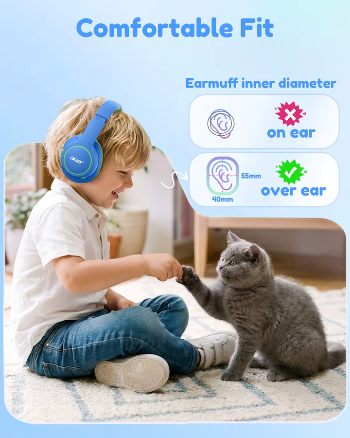 Acer Choice Kinder Over-Ear-Kopfhörer mit Bluetooth 6.0 und Mikrofon in Blau/Mehrfarbig mit USB-C Schnellladung - Bild 4