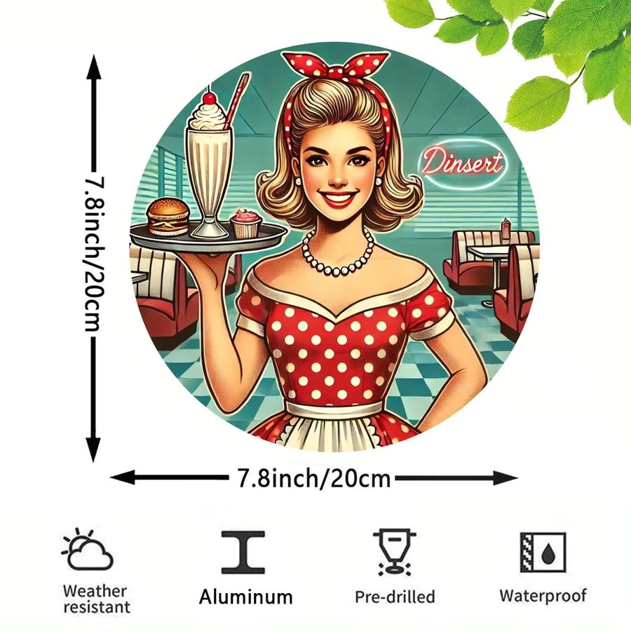 Potdemiel Retro-Dinner-Kellnerin Wandkunst aus Aluminium, rundes Metallschild für die Küche, Durchmesser: 19,8 cm - Bild 2