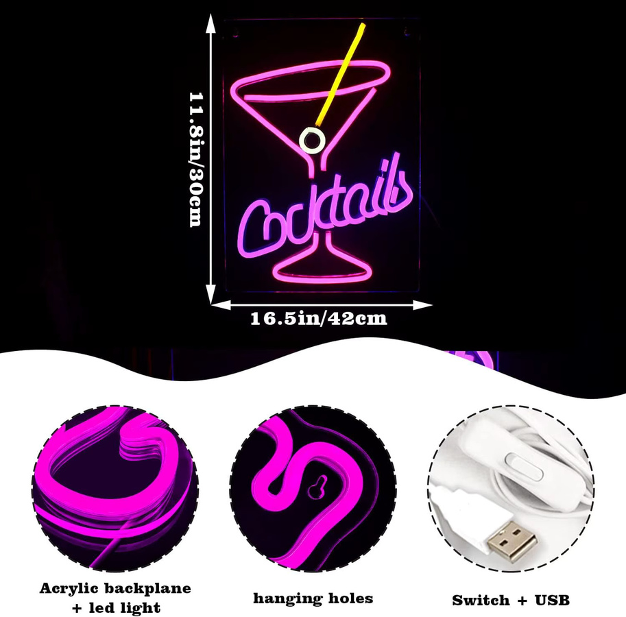 NEONAEON LED Neon-Cocktail-Schild in Pink und Lila als Wanddekoration mit Weinglas-Motiv - Bild 3