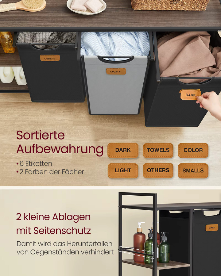 VASAGLE Wäschekorb mit 3 Fächern und Rollen, Wäschesammler 150 L mit abnehmbaren Taschen und Ablagen, Farben: Braun, Schwarz, Grau - Bild 3