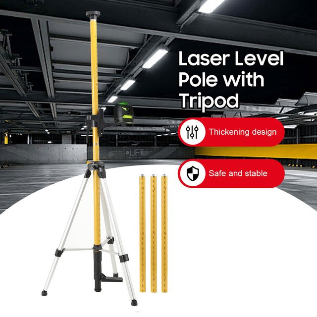 Laser-Nivellierstativ-Stange mit Feineinstellkopf und Teleskop-Verlängerung, 3,6 m Höhe, Gelb, mit 1/4" & 5/8" Gewinde für Rotationslinienlaser - Bild 1