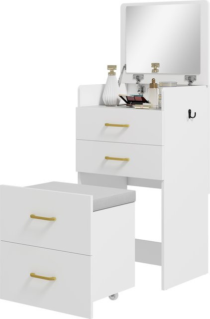HOMCOM Coiffeuse mit Spiegel und Hocker 3 in 1, Schminktisch mit 3 Schubladen, transparenter Glassplatte und Rollen, Weiß, B/T/H: 48 x 40 x 90 cm - Bild 1