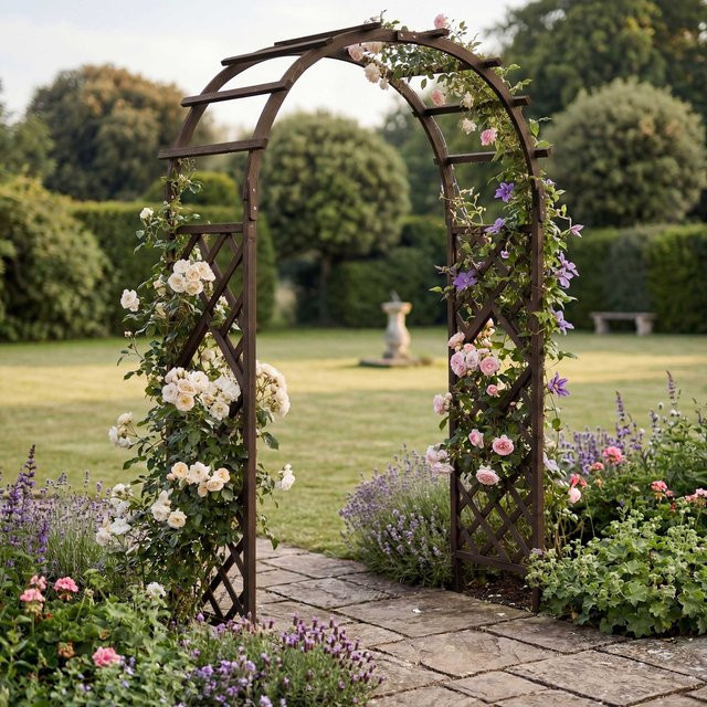 Rosenbogen MCW aus Tannenholz in Dunkelbraun, Rankgitter Rosenspalier als Rankhilfe für den Garten, H x B x T: 210 x 126 x 60 cm - Bild 1