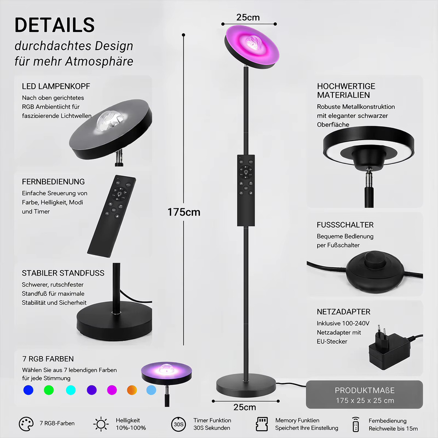Oraymin RGB Stehlampe mit Wasserwellen-Projektion in Schwarz, dimmbare LED Stehleuchte mit Leselampe und Fernbedienung, Höhe: 175 cm, Breite: 25 cm, Tiefe: 25 cm - Bild 5