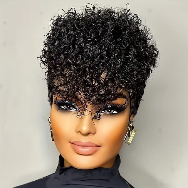 OYM HAIR Pixie-Schnitt-Perücke, lockiges Echthaar, schwarz, Damen - Bild 1