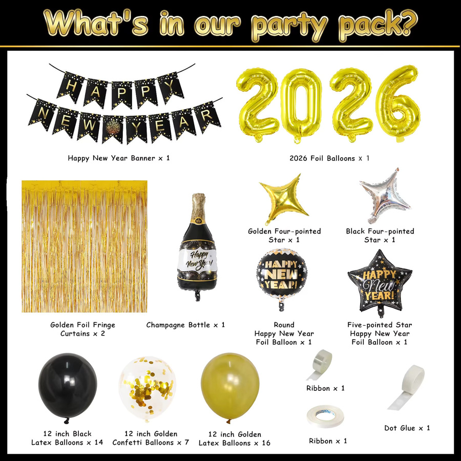 YAYB Silvester Dekoration Set Gold mit Zahlenballons, Weinglas und Sternen aus Folie für deine Silvesterfeier - Bild 2