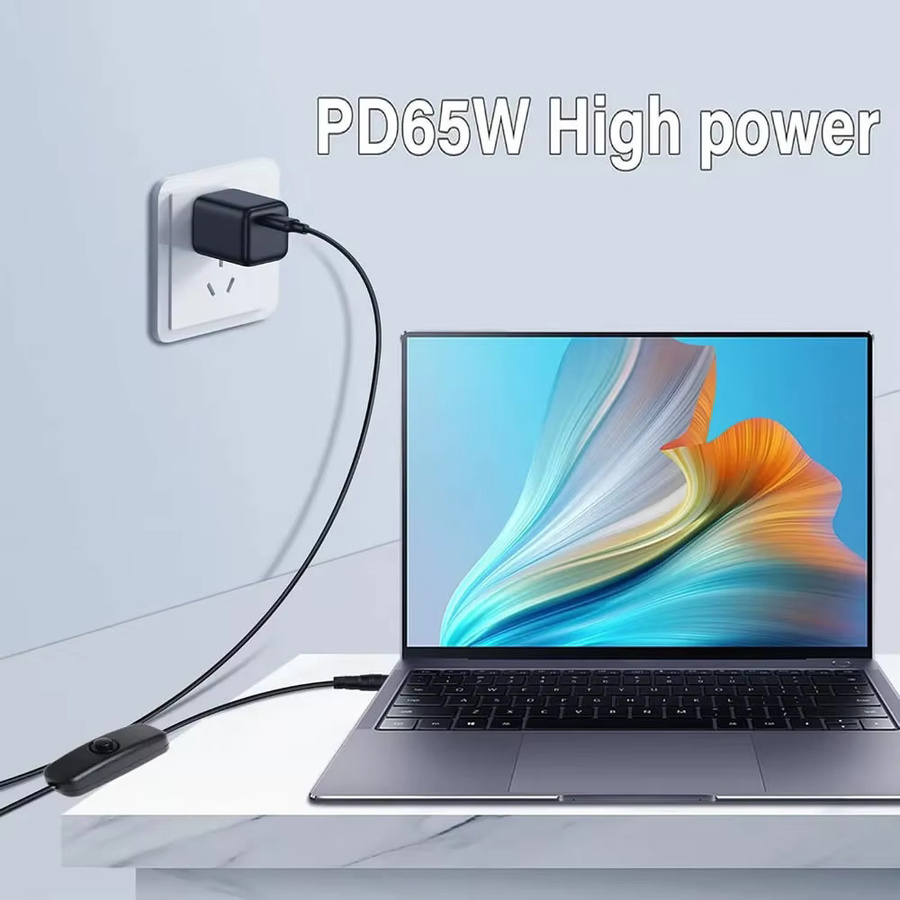 PD 65 W USB C auf USB C Schnellladekabel mit Netzschalter in Schwarz für Laptop und Smartphone - Bild 5