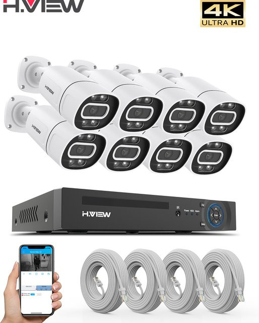 H.View 8-Kanal PoE CCTV Überwachungskamera-Set mit 4K 5MP 8MP NVR, Audio-Funktion und XMEYE-App Unterstützung, Weiß - Bild 1