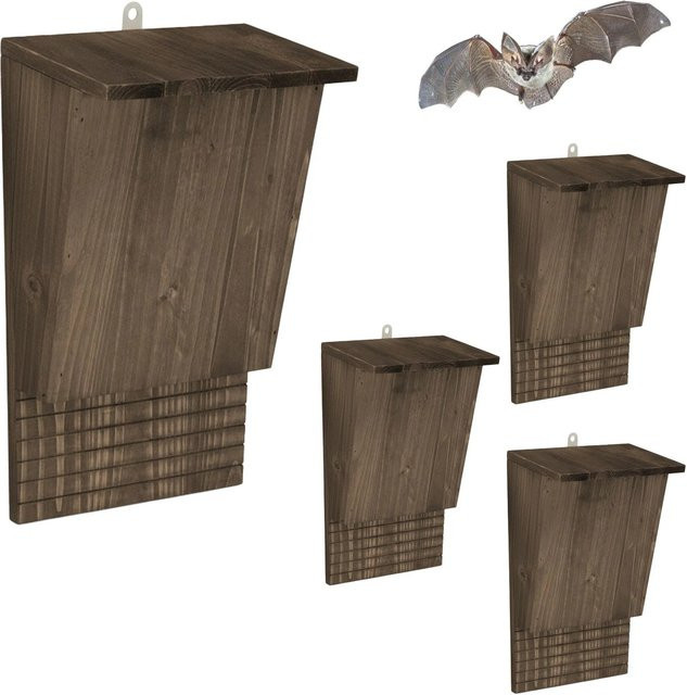 Relaxdays Fledermauskasten 4er Set aus Tannenholz und Metall in Braun mit Haken, B/T/H: 34 x 22,5 x 12,5 cm - Bild 1