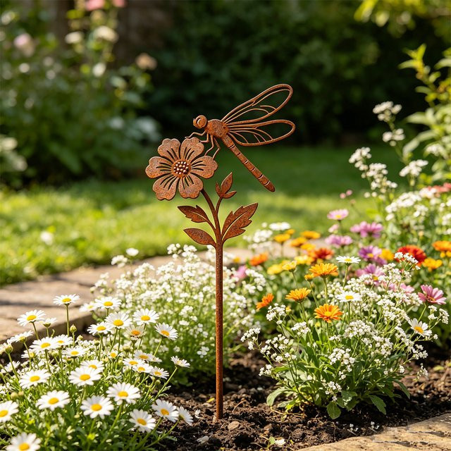 Schmiedeeiserner Gartendekorationspfahl mit Libellen- und Blumenmotiv in Rostbraun - Bild 1