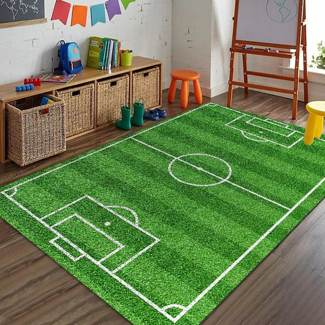 Rutschfester Spielteppich für Kinder von Potdemiel mit Sportmotiven wie Rennstrecke, Basketballplatz und Fußballfeld in Grün - Bild 1
