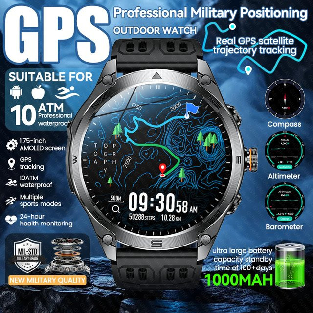 GUHUAVMI Smartwatch, GPS, Edelstahl, Schwarz, Herren, 10 ATM - Bild 1