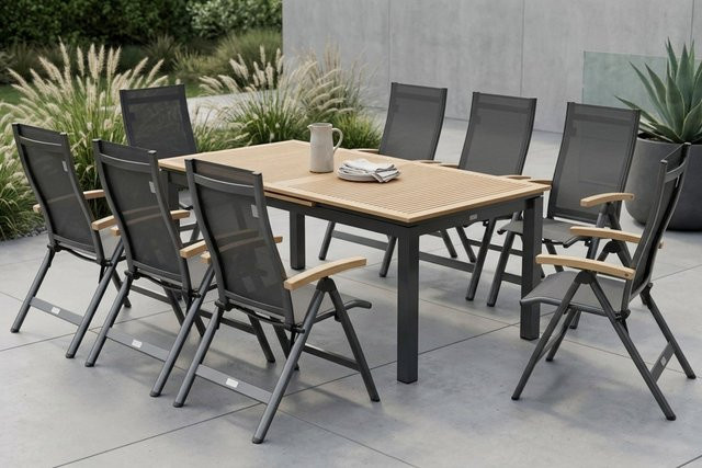 OUTFLEXX Garten-Essgruppe für 8 Personen mit ausziehbarem Tisch aus Aluminium und FSC-zertifiziertem Teakholz in Anthrazit/Schwarz - Bild 1