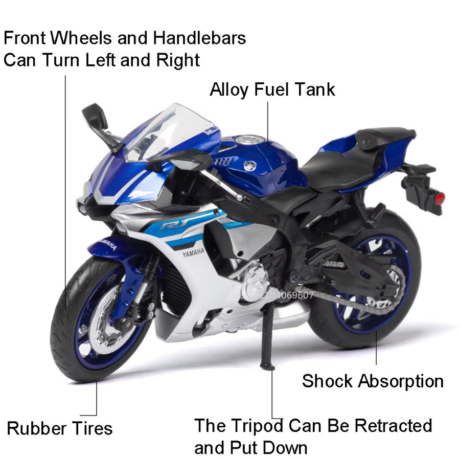 MAKEDA Yamaha YZF-R1 Motorrad Modell, 1:12, Metall, Schwarz, Blau - Bild 2