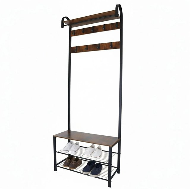 Relaxdays Garderobe mit Schuhbank im Industrial Design aus Eisen und MDF, Schwarz und Dunkelbraun, H: 182 cm, B: 69 cm, T: 30 cm - Bild 1